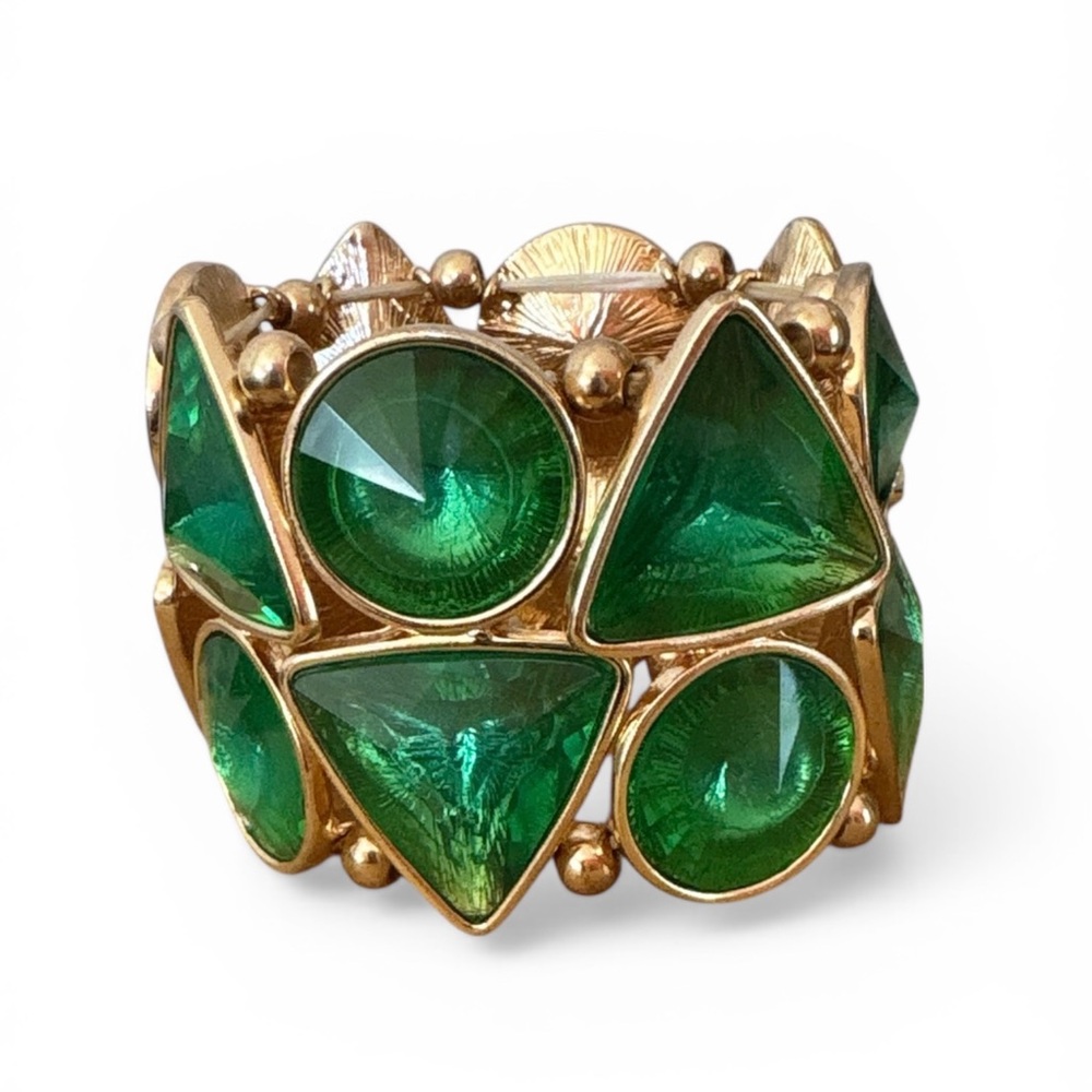 Gold-Tone Green Bling Wide Cuff Stretch Bracelet